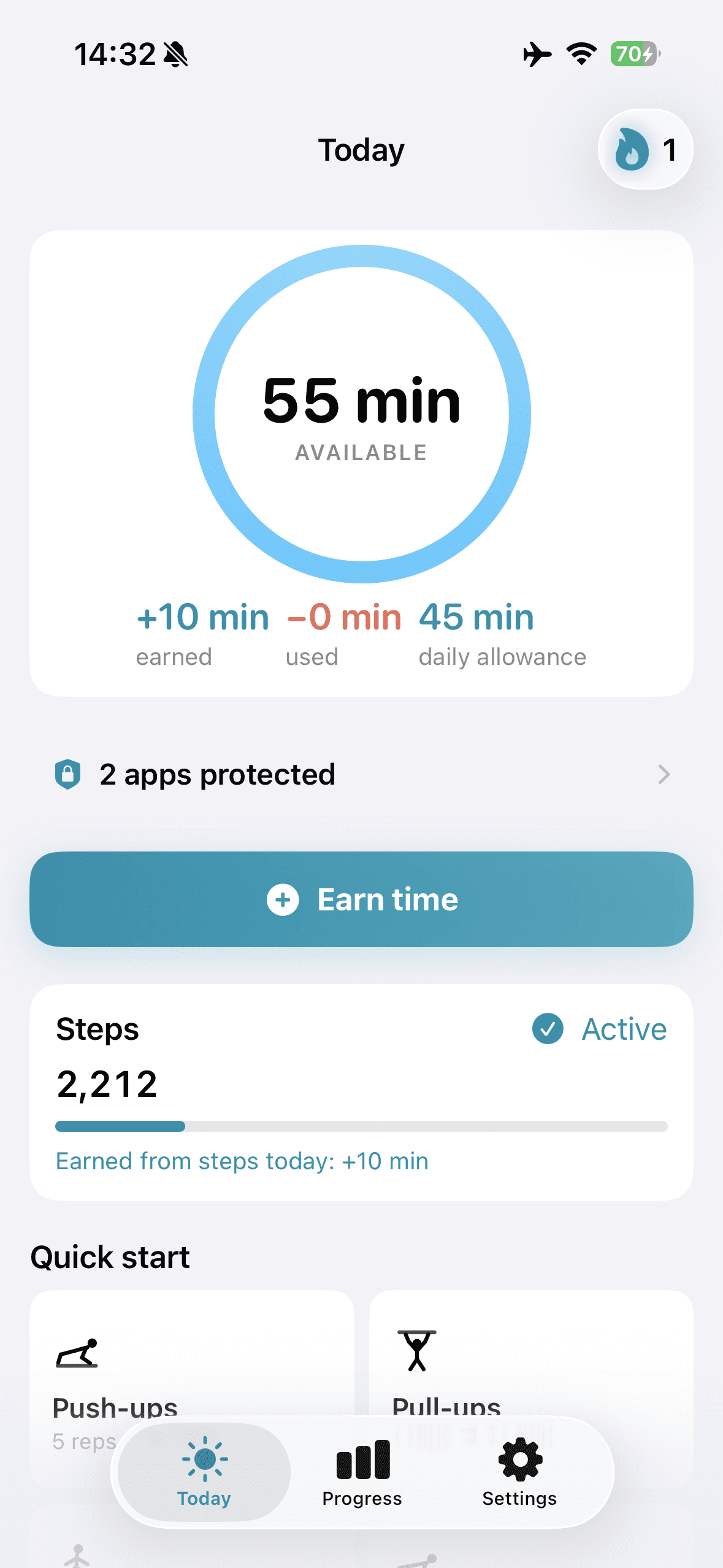 SweatKey Heute Ansicht mit Zeitguthaben, Schritten und geschützten Apps
