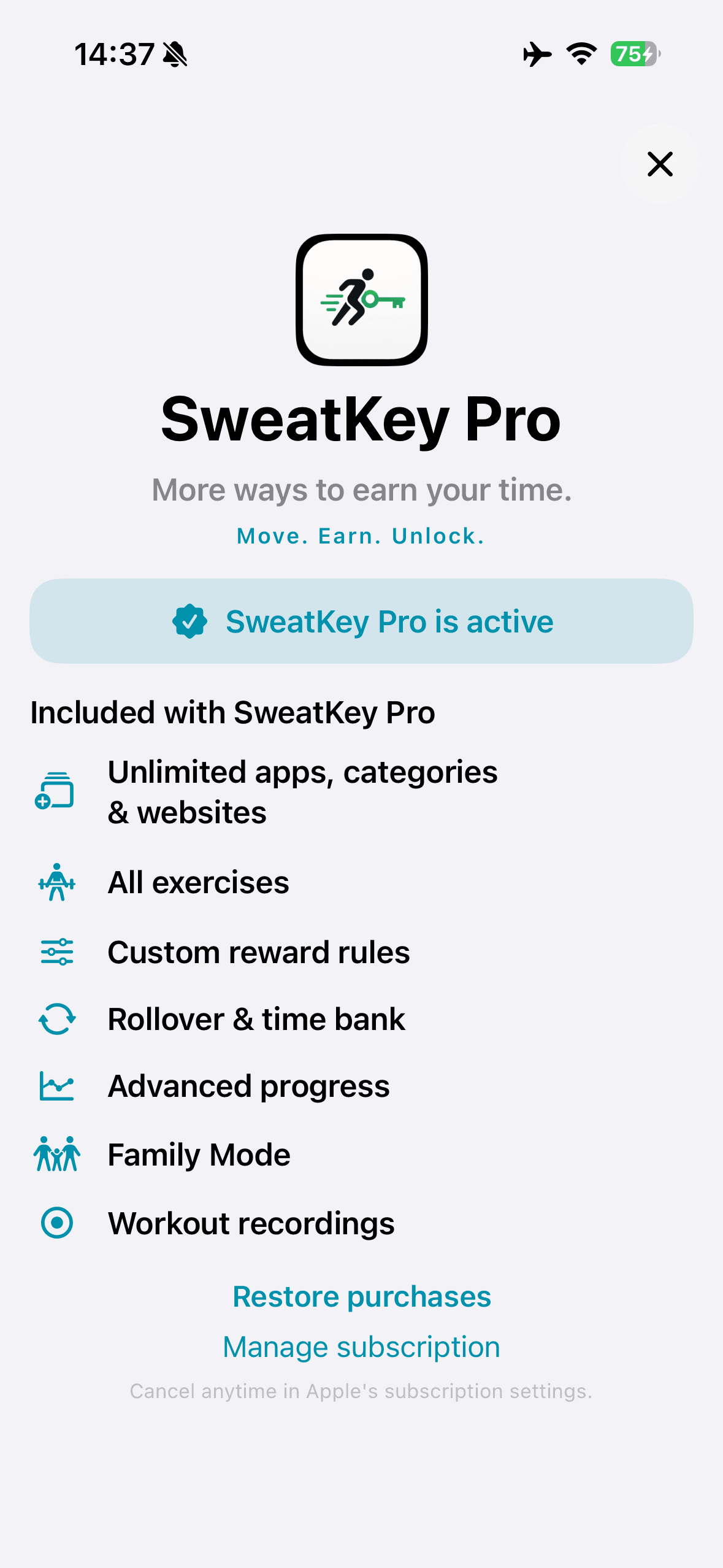 SweatKey Pro Ansicht mit Funktionsübersicht
