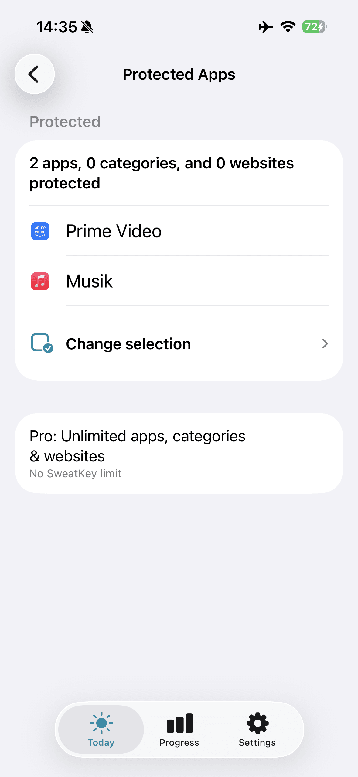 SweatKey Auswahl für geschützte Apps mit zwei Free Apps